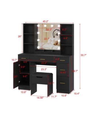 “Black LED Vanity Desk with Mirror, Adjustable Brightness & Open Shelves”