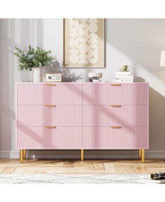 Modern 6-Drawer Dresser for Bedroom, Wooden Chest with Gold Handles and Storage
