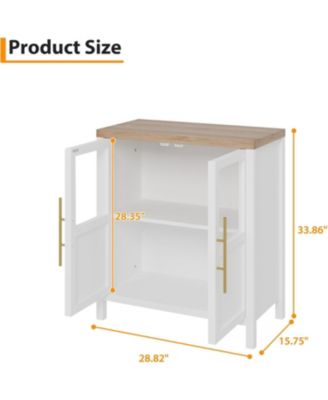 Sideboard Cabinet with 2 Glass Doors and Drawers, 29" Buffet with Solid Wood Top, White