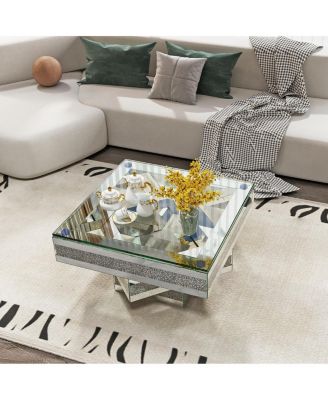   Modern Glam Mirrored Coffee Table with Acrylic Diamond Accents