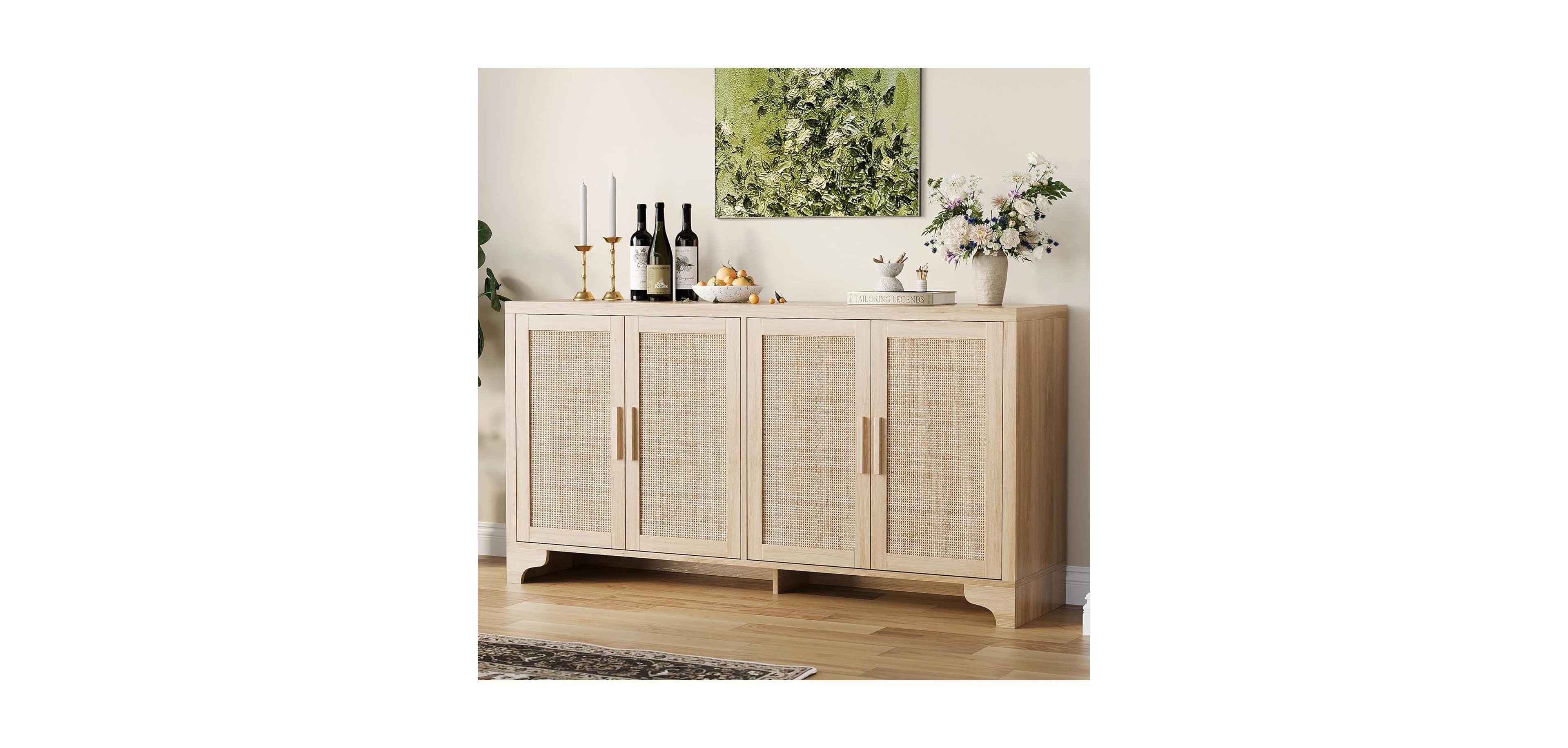 gaomon 4-Door Boho Sideboard Buffet Cabinet, Natural Rattan Storage Console for Dining Room, Living Room, Kitchen, Beige
