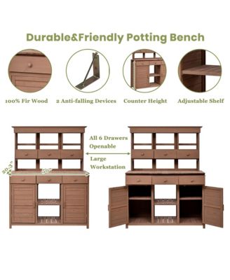 Garden Potting Bench Table with Hutch, Patio Storage Workstation
