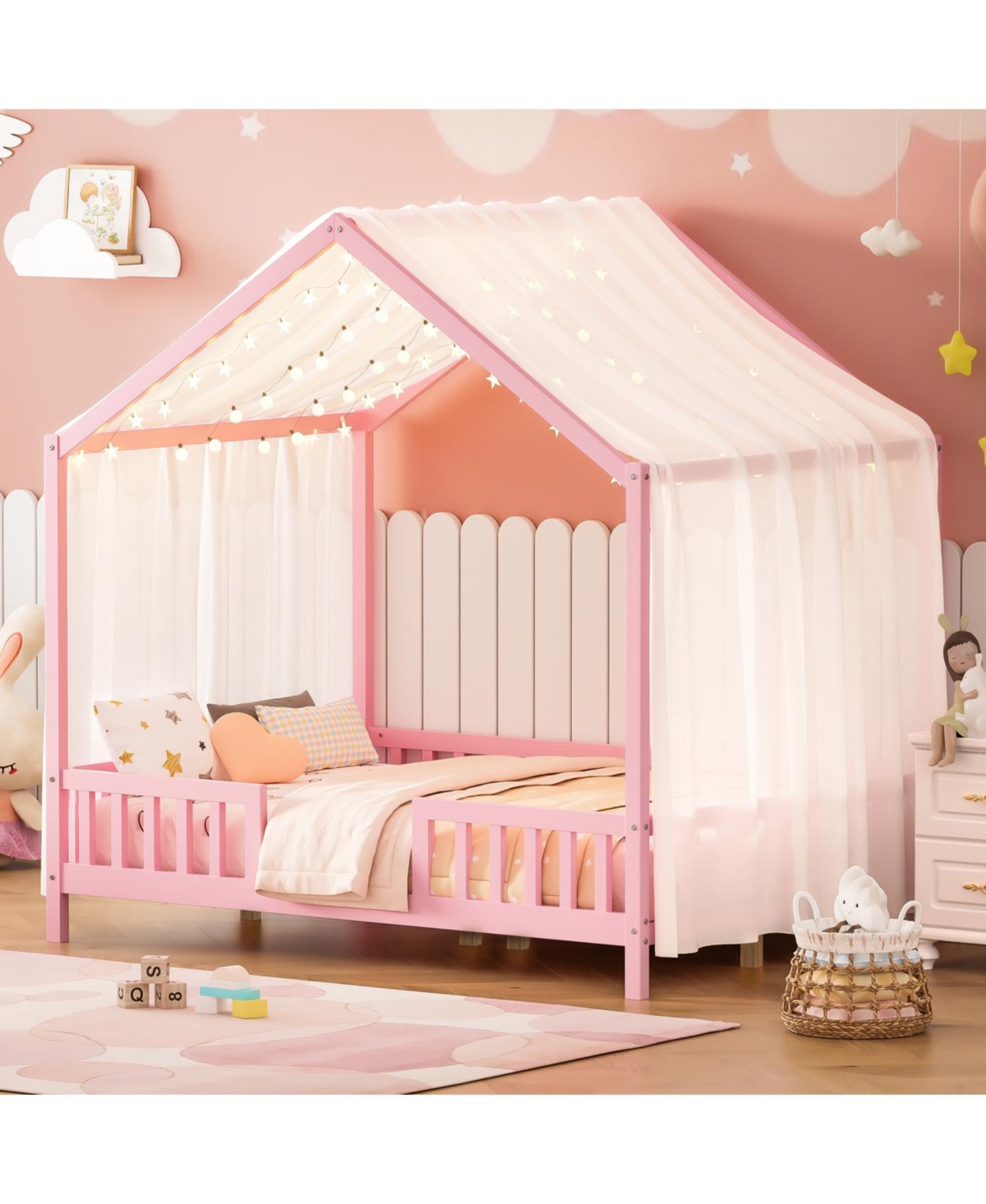 Streamdale Furniture Montessori Floor Bed with Canopy, Full Size House Shape Toddler Bed Frame - Pink