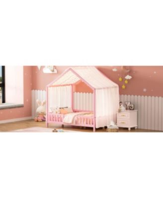 Montessori Floor Bed with Canopy, Full Size House Shape Toddler Bed Frame