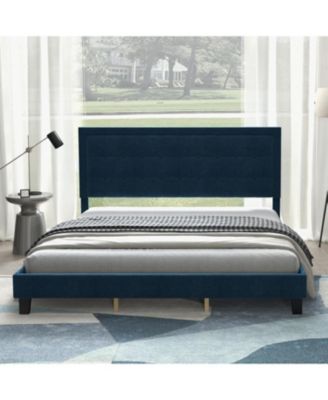 Bed Frame with Upholstered Button Tufted Headboard - Blue Bed Frame with Wood Slat Support, No Box Spring Needed - Sturdy Metal Foundation