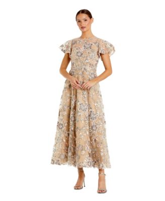 Women's Embroidered Floral Mesh A-Line Midi Dress