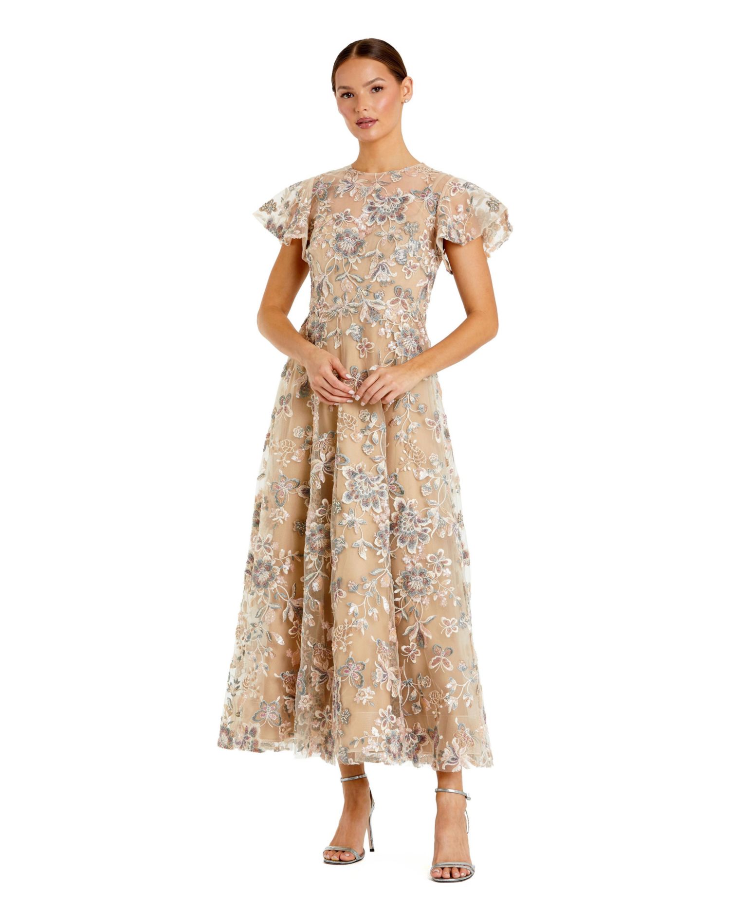 Women's Embroidered Floral Mesh A-Line Midi Dress