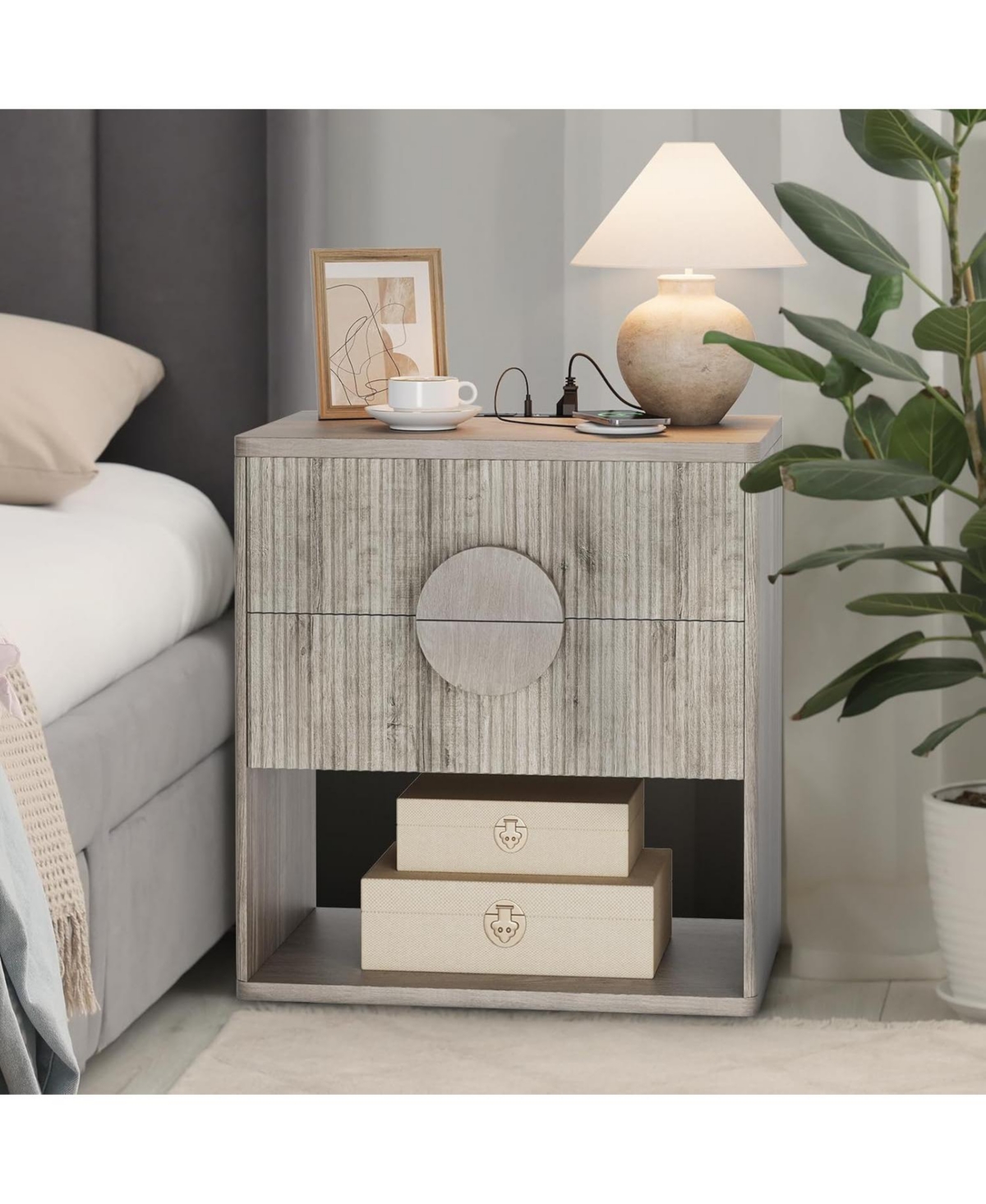 gaomon Nightstand Set of 2 with Charging Station, Fluted 2-Drawer End Tables with Open Storage for Bedroom, Grey