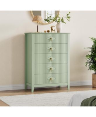 43" Tall Fluted Dresser, 5 Drawer Modern Wood Storage Chest for Living Room or Entryway, Green