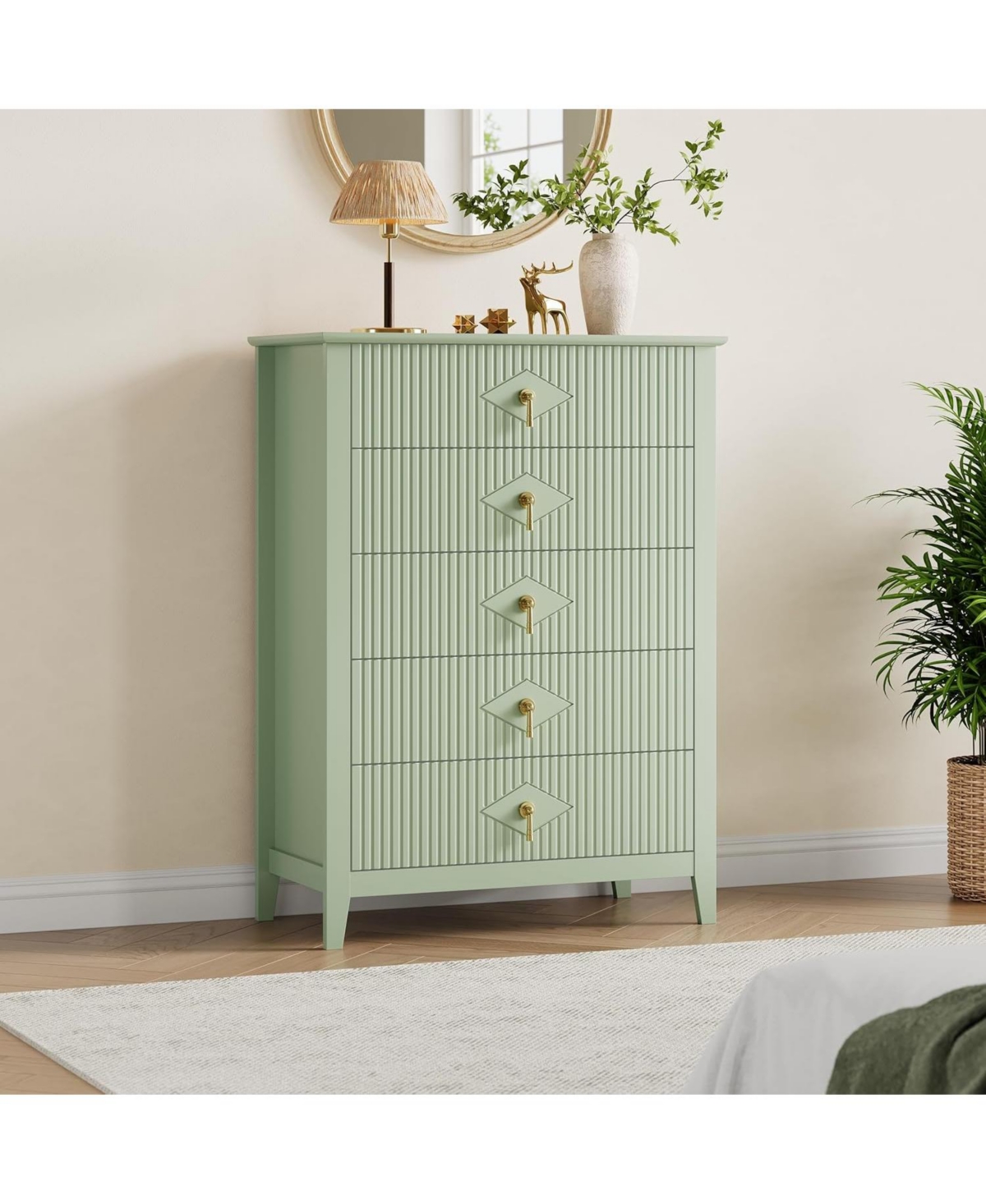gaomon 43" Tall Fluted Dresser, 5 Drawer Modern Wood Storage Chest for Living Room or Entryway, Green