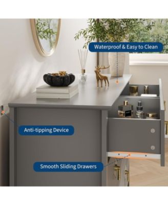 54" Wide Fluted Dresser, 6 Drawer Modern Wood Storage Chest for Bedroom or Entryway, Grey