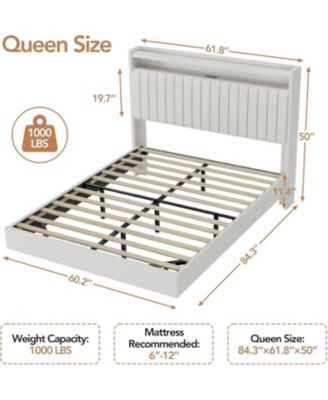 Full Floating Bed Frame with LED Lights & Charging Station, Upholstered PU Leather Platform Bed Frame with Storage Headboard - Queen