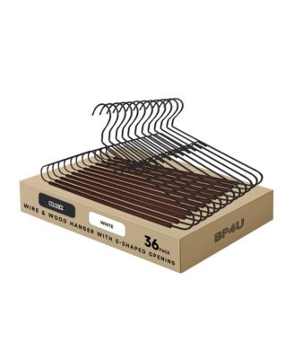 36-Pack S-Shaped Opening Metal Hangers with Wooden Pants Bar, Wire Hangers with Beech Wood Trouser Bar for Sweaters, Jackets, Jeans, T-Shirts