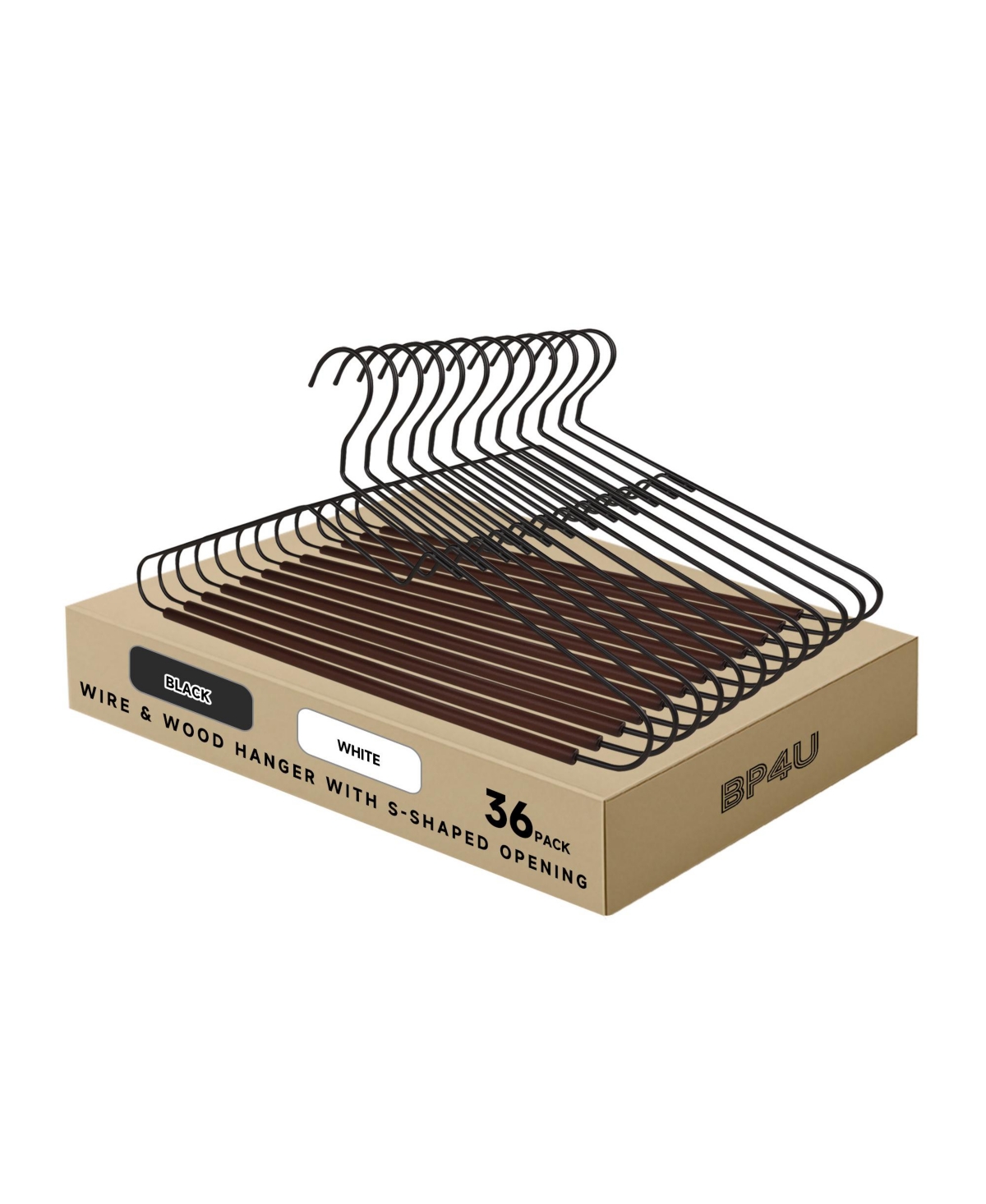 BP4U 36-Pack S-Shaped Opening Metal Hangers with Wooden Pants Bar, Wire Hangers with Beech Wood Trouser Bar for Sweaters, Jackets, Jeans, T-Shirts - B