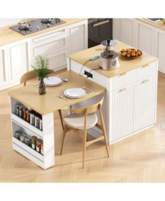 Fluted Kitchen Island with Extendable Dining Table, Power Outlet & Storage
