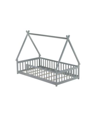 Twin Tent-shaped Floor Bed, Teepee Bed with Guardrails, Slats