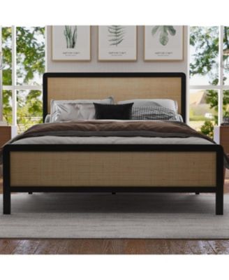 Rattan Queen Bed Frame, Boho Bed Frame with Headboard & Footboard, Bed Frame with Strong Metal Slat, Noise Free, No Box Spring Needed.