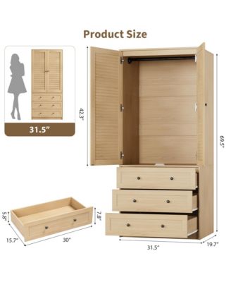 Armoire Wardrobe Closet with Drawers, 69.5" Wooden Wardrobe Cabinet with Hanging Rod & Doors