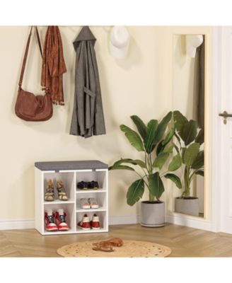 Entryway Shoe Bench with Storage and Cushioned Seat, Wooden Shoe Rack with Adjustable Shelves and Side Pockets
