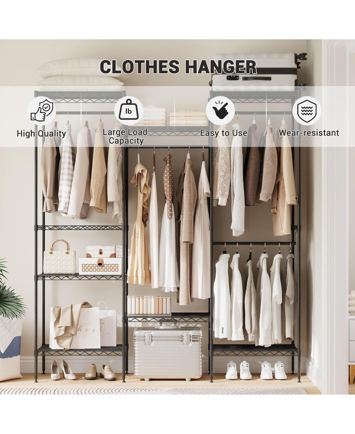 gaomon Metal Clothing Rack with 8 Adjustable Shelves and 4 Hanging Rods, Freestanding Garment Rack Organizer