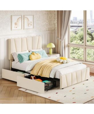 Bed Frame with Adjustable Headboard and 4 Storage Drawers, Soft Upholstered Platform Bed Frames with Wooden Slats Support