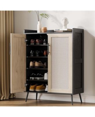 Rattan Shoe Cabinet, 5-Tier Shoe Storage Cabinet with Doors, Adjustable Shelves and Metal Legs