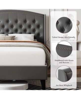 King Size Bed Frame, Soft Velvet Upholstered Platform Bed Frame with Wingback Headboard and Button Tufted Design, Wood Slat Support, (Gray