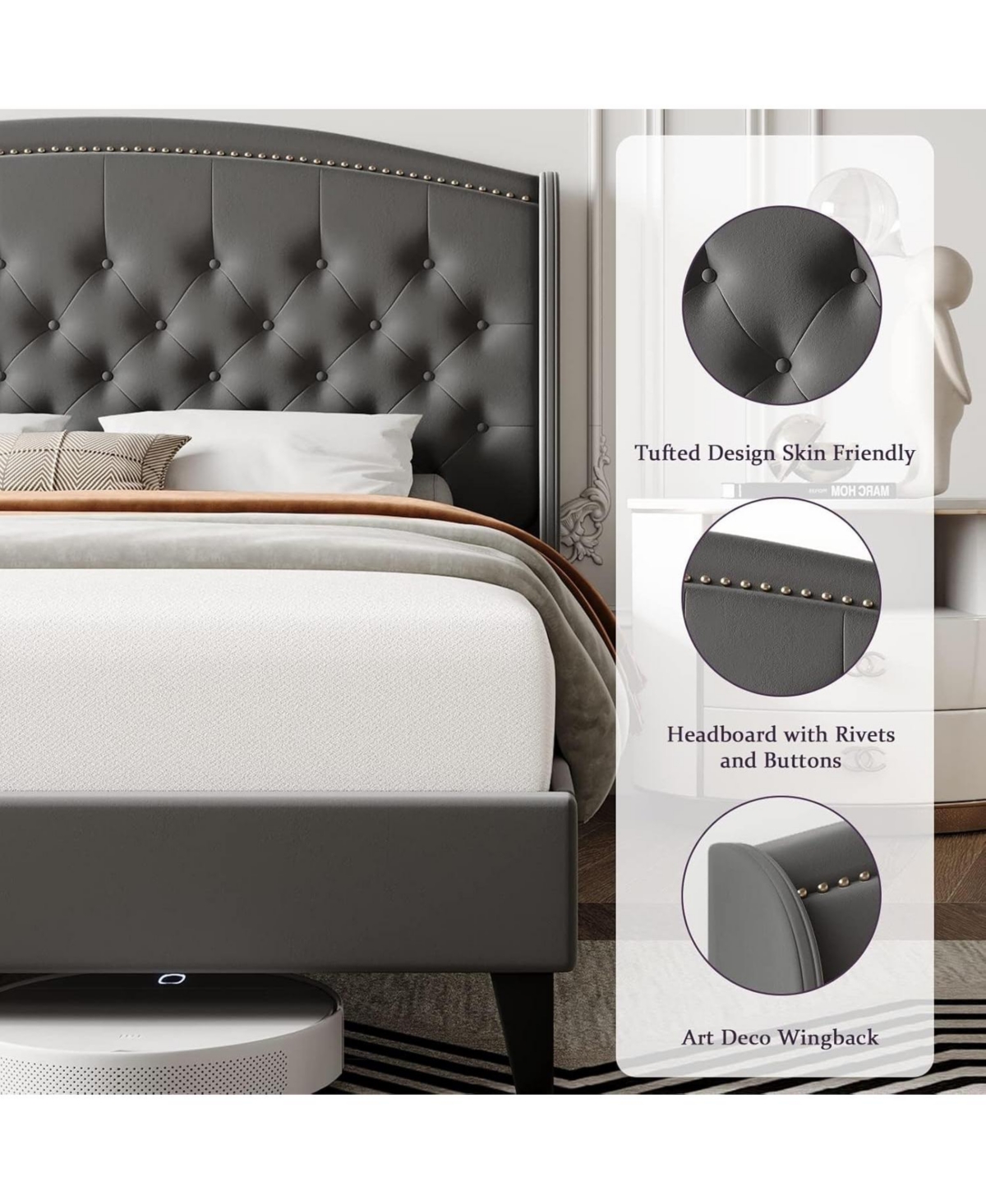 gaomon King Size Bed Frame, Soft Velvet Upholstered Platform Bed Frame with Wingback Headboard and Button Tufted Design, Wood Slat Support, (Gray