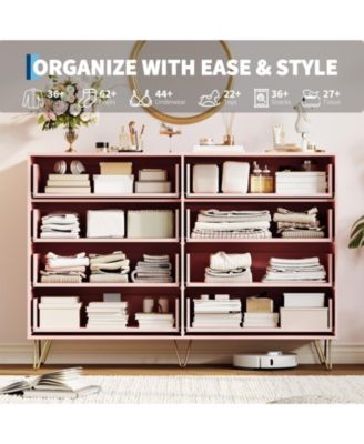 Fluted 8-Drawer Dresser for Bedroom, 55" Wide Modern Wooden Chest of Drawers, Pink