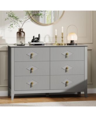 47" Wide Fluted Dresser, 6 Drawer Modern Wood Storage Chest for Bedroom or Living Room, Grey