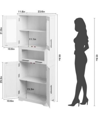 67" Tall Bathroom Storage Cabinet with Glass Doors, Adjustable Shelf & Drawer for Small Spaces, White