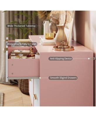 Fluted 6-Drawer Dresser for Bedroom, 47" Wide Modern Wooden Chest of Drawers, Pink