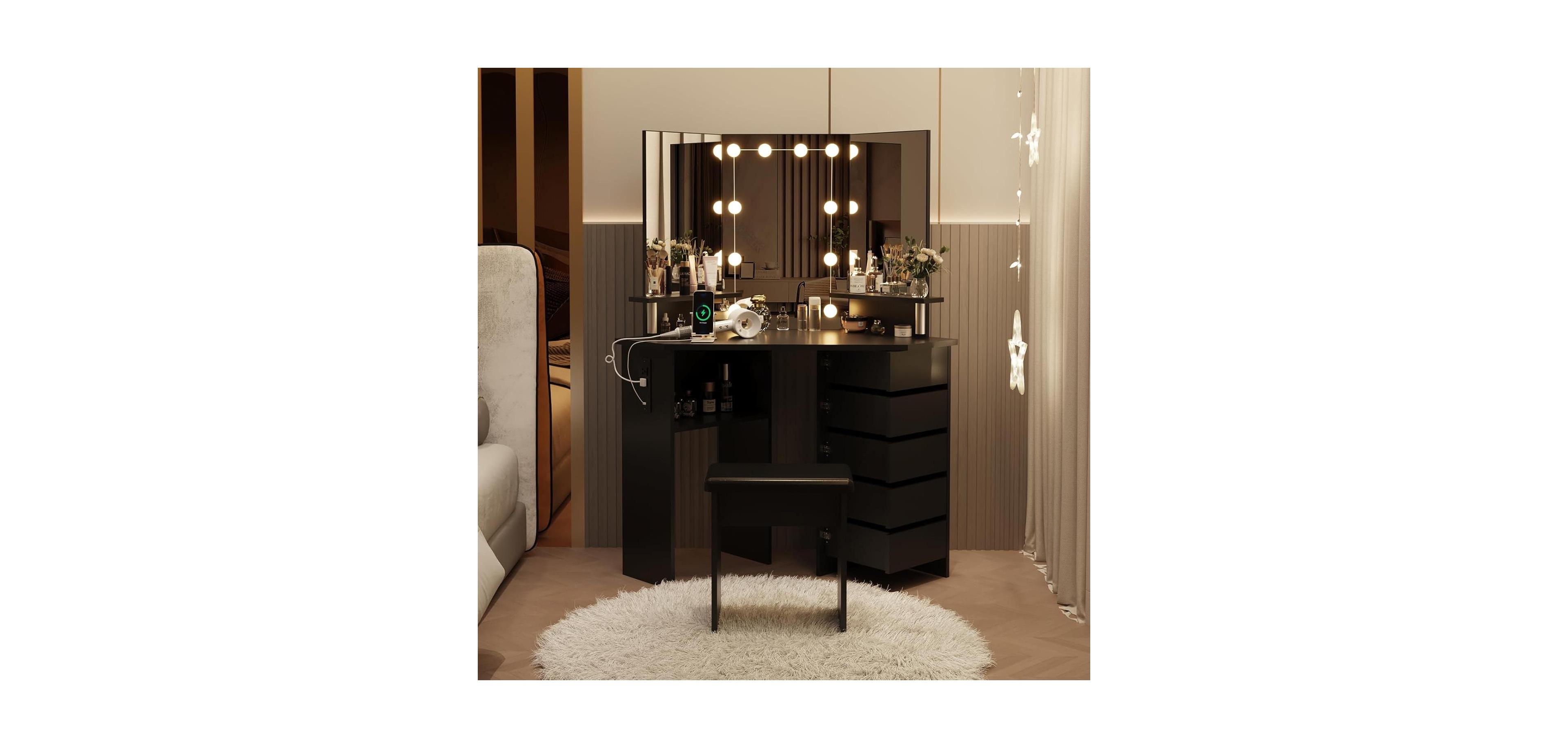 gaomon Corner Makeup Vanity Desk with Lights and Power Outlet, Rotating Drawers and Adjustable Shelves, Black
