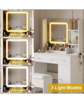 Vanity Desk with Mirror and Lights, Makeup Desk with 3 Color Lighting Modes, White