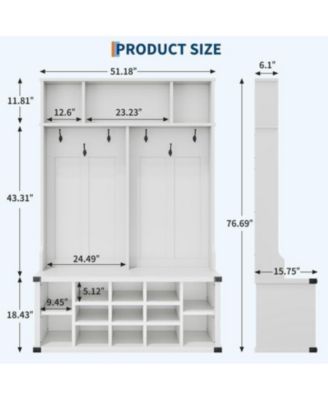 Hall Tree with Bench and Shoe Storage, Tall Farmhouse Entryway Coat Rack with Adjustable Shelf, White