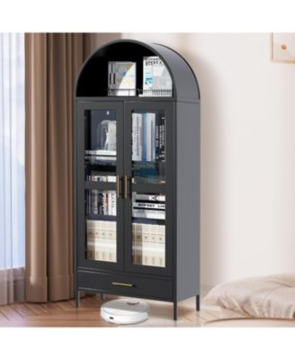73" Tall Metal Arched Cabinet, Modern Kitchen Pantry with Glass Door, Adjustable Shelves and Drawers, Black