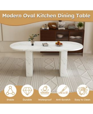  62.9" Oval Marble Dining Table, Wood Base, Modern Farmhouse