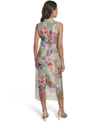 Women's Printed Overlay Mock Neck Midi Dress