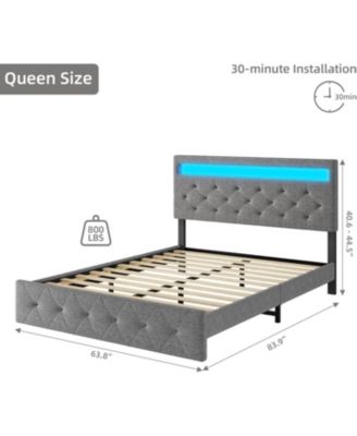Size Bed Frame with RGB LED Lights and Charging Station, Upholstered Platform Bed with Adjustable Headboard - Queen