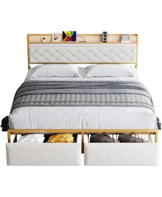 LED Platform Bed Frame with Storage Drawers, Noise-Free Support with Wood Slats, Gold Metal Frame with Beige Fabric Fabric - King