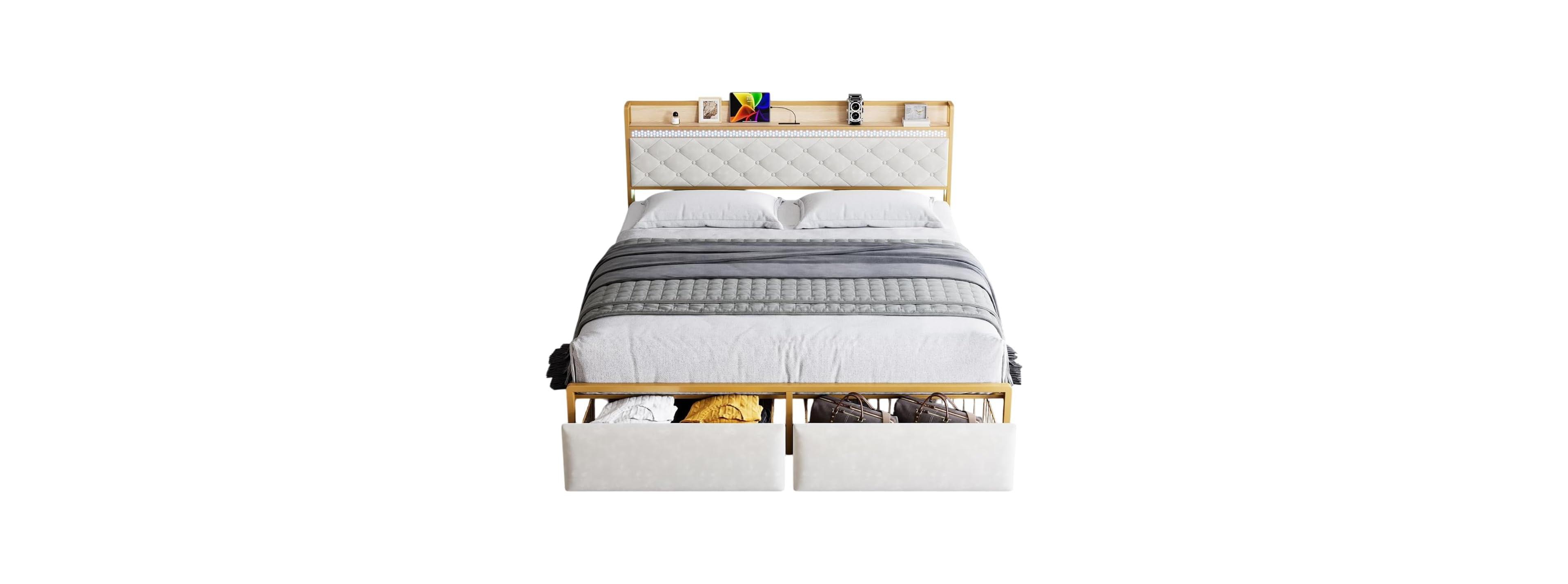 Gaomon Led Platform Bed Frame with Storage Drawers, Noise-Free Support with Wood Slats, Gold Metal Frame with Beige Fabric Fabric