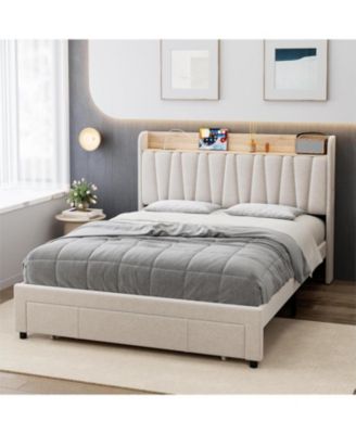 Upholstered Bed Frame with Storage Headboard and Charging Station, Platform Bed Frame with Drawers, Heavy Duty, No Box Spring Needed