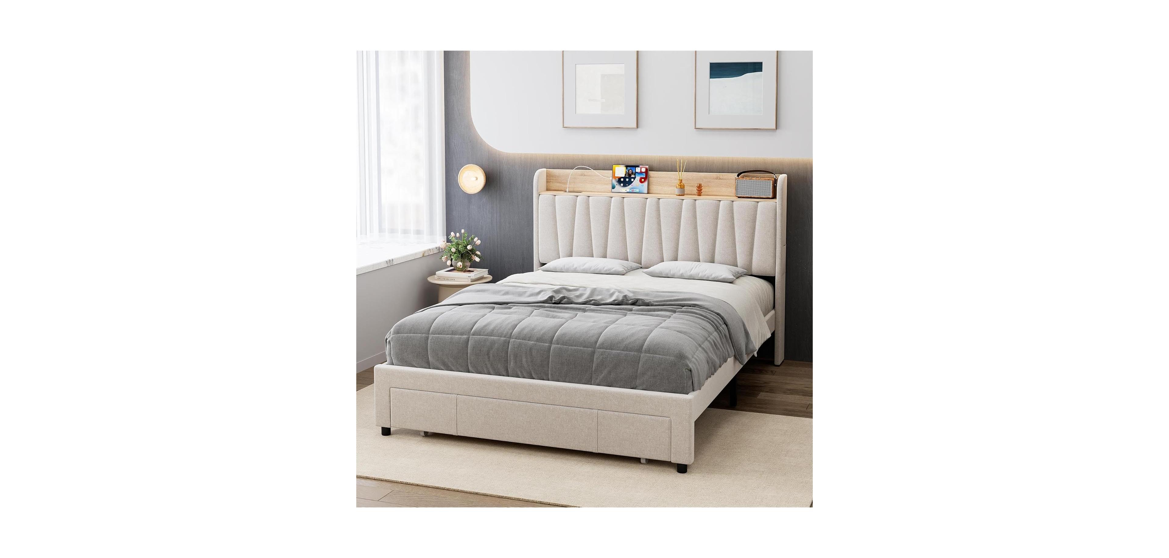 gaomon Upholstered Bed Frame with Storage Headboard and Charging Station, Platform Bed Frame with Drawers, Heavy Duty