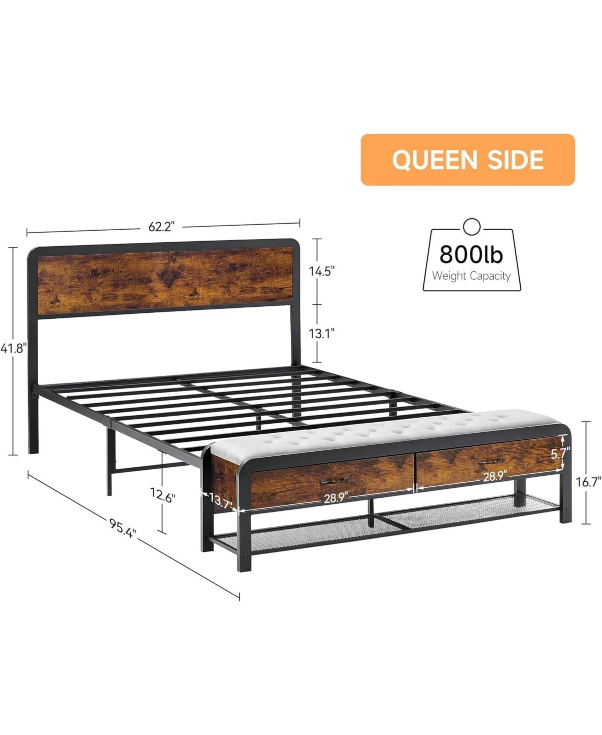 Gaomon Queen Bed Frame with Wood Headboard & Storage Bench – 14" Heavy Duty Metal, Noise-Free, Easy Assembly, Brown