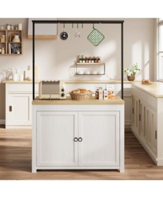 42" Kitchen Island with Storage, Heavy Duty Mobile Cart with Solid Wood Top, Shelves & Hooks