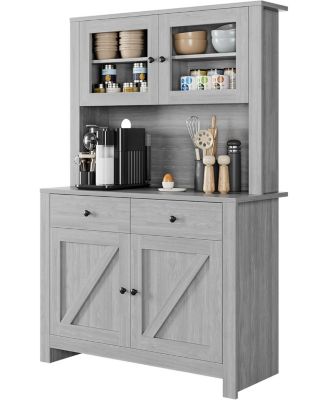 Farmhouse Pantry Cabinet, Kitchen Storage Cabinet with Microwave Stand & Sliding Door