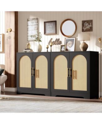 Sideboard Buffet Cabinet with 2 Rattan Doors & Shelves, Modern Credenza Coffee Bar Cabinet