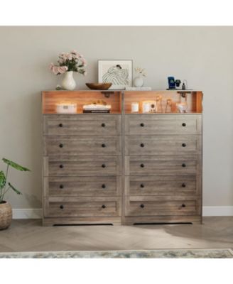 5-Drawer Wooden Dresser with LED Lights & Charging Station, Modern Nightstand Chest for Bedroom