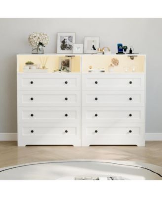 4-Drawer Wooden Dresser with LED Lights & Charging Station, Modern Nightstand Chest for Bedroom