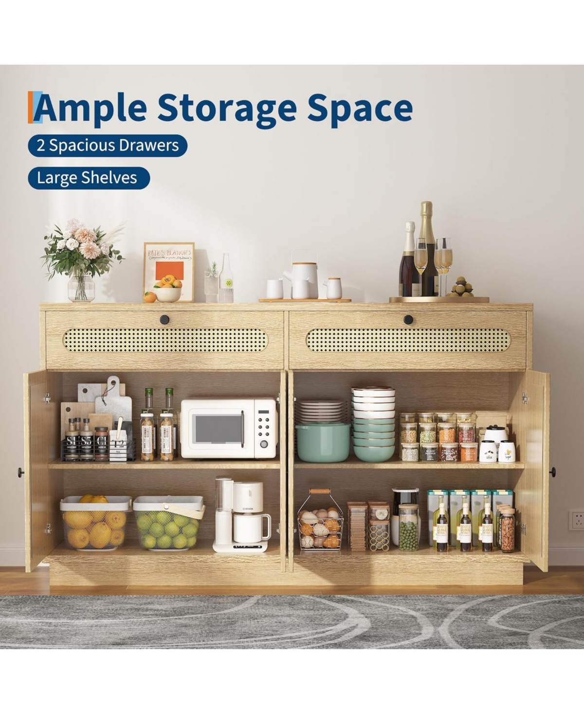 gaomon 60" Rattan Sideboard Cabinet with Adjustable Shelves